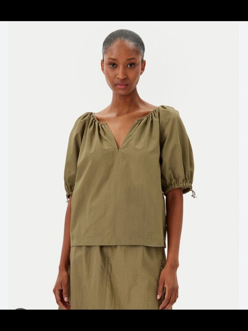 DKNY Olive Green Drawcord Puff-Sleeve V-Neck Nylon Blouse M Sporty Baddy Girly
